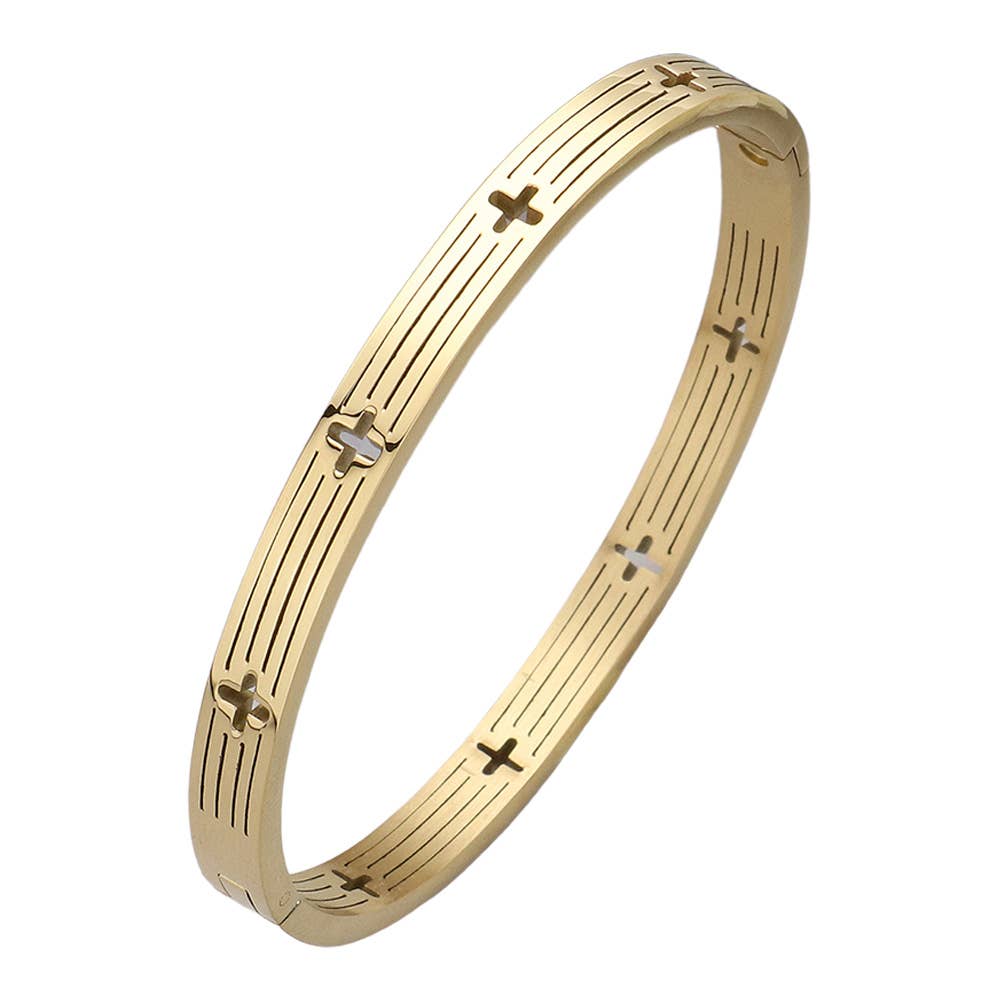 Stainless Steel Cross Cutout Hinged Bangle Bracelet