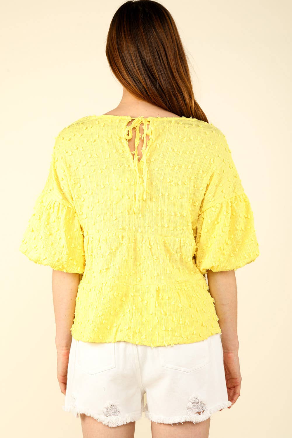 Crinkle Pom Pom Knit Puff Sleeve Babydoll Top
