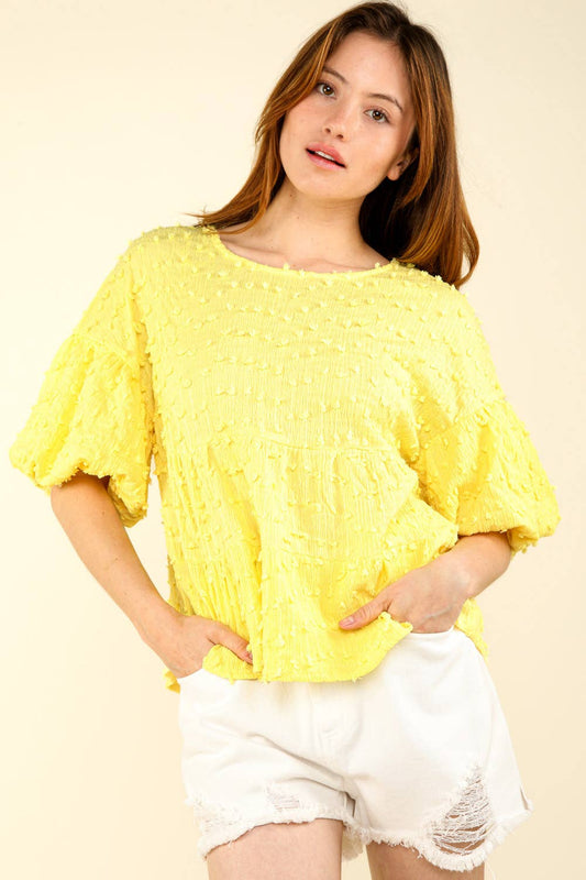 Crinkle Pom Pom Knit Puff Sleeve Babydoll Top