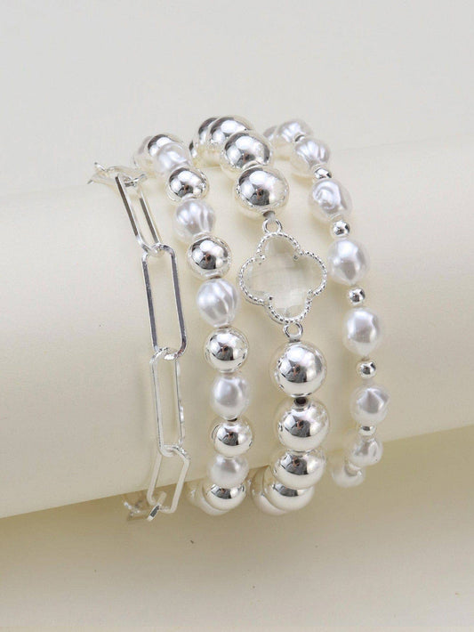 Shiny Multi Clover Beaded and Chain Bracelet Set