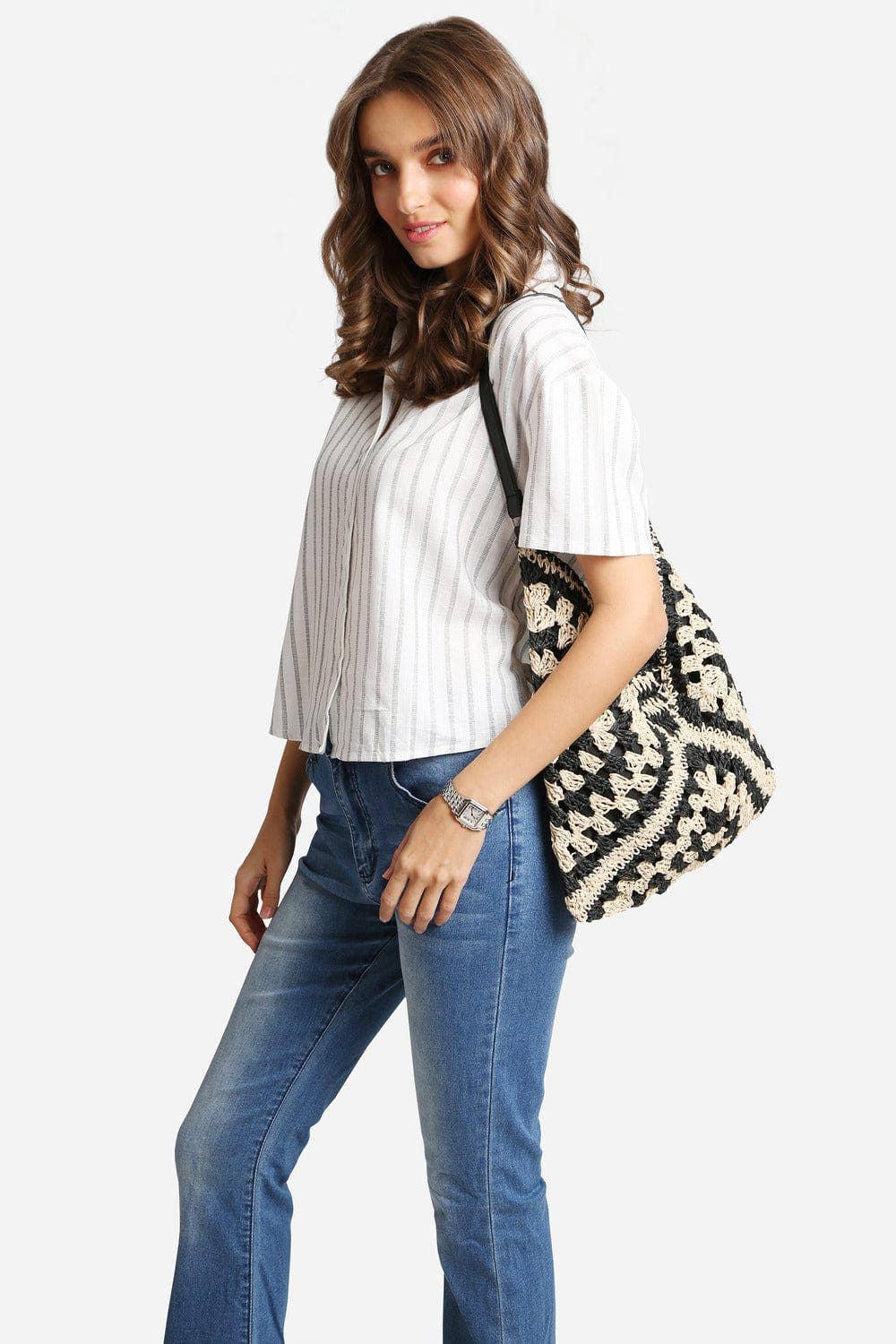 Bianca Patterned Straw Hobo Tote Bag