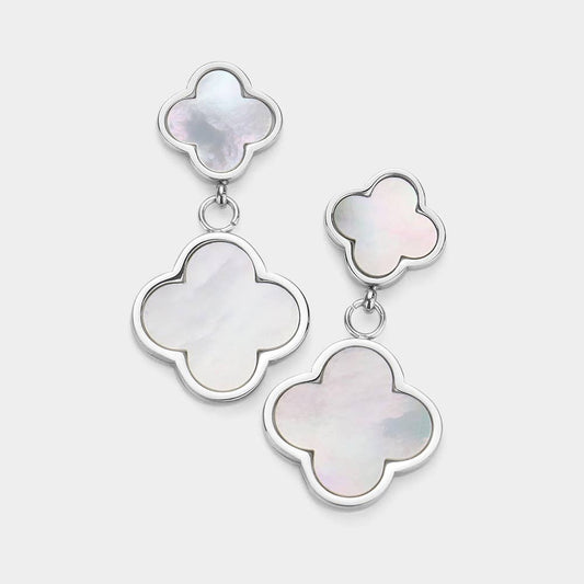 Stainless Steel Quatrefoil Link Dangle Earrings: Silver Mop