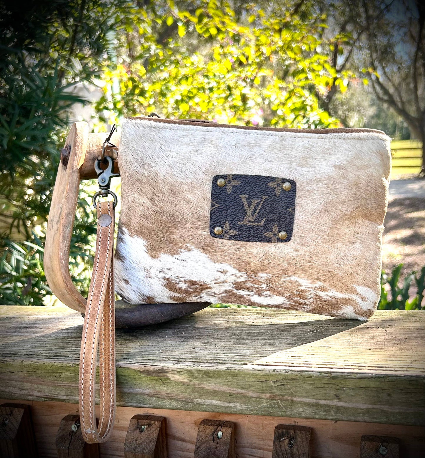 Upcycled LV Cowhide Leather Wristlet Cosmetic Pouch Western