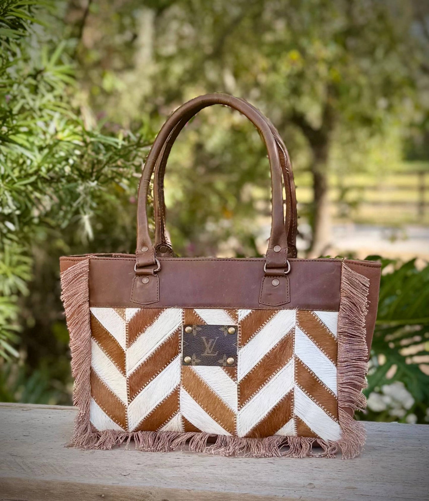 Upcycled LV Cowhide Leather Canvas Tote Shoulder Bag