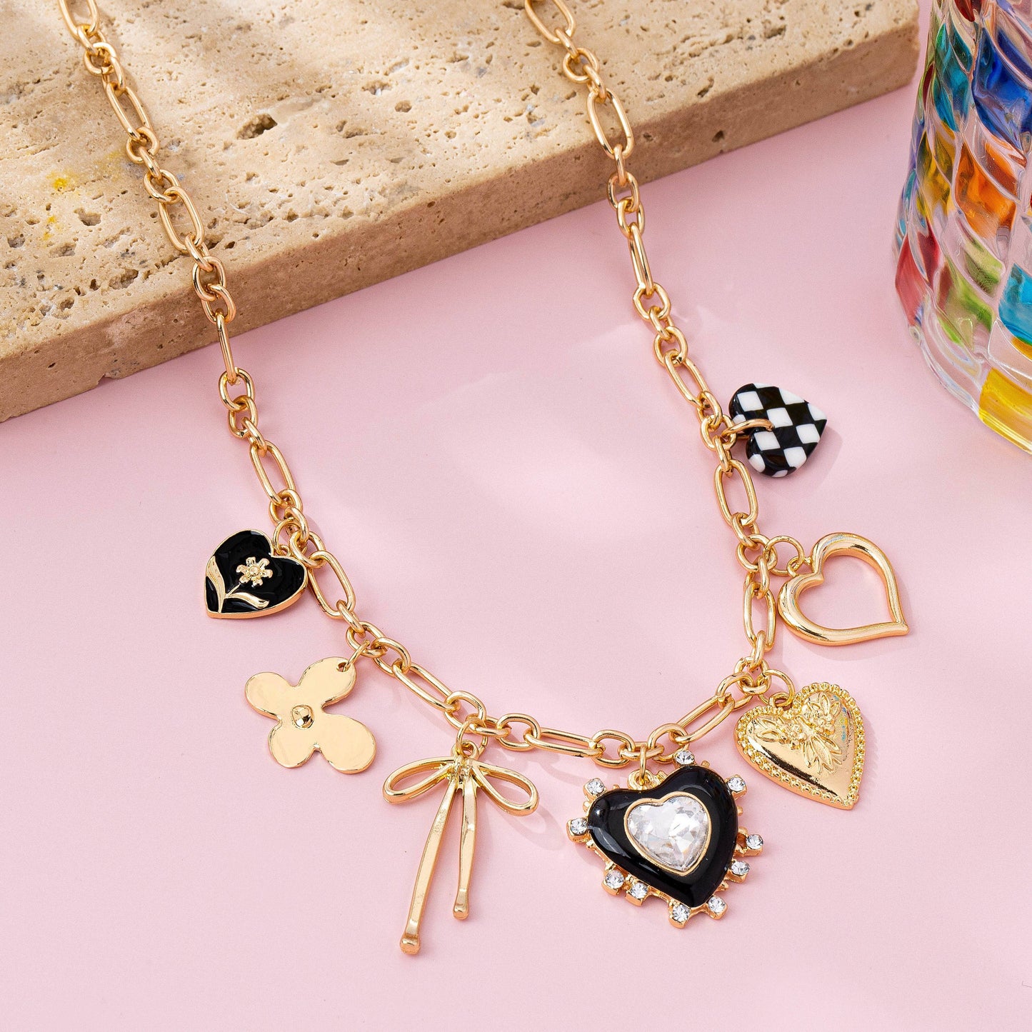 Charm Necklace: Bow Checker Heart Rhinestone