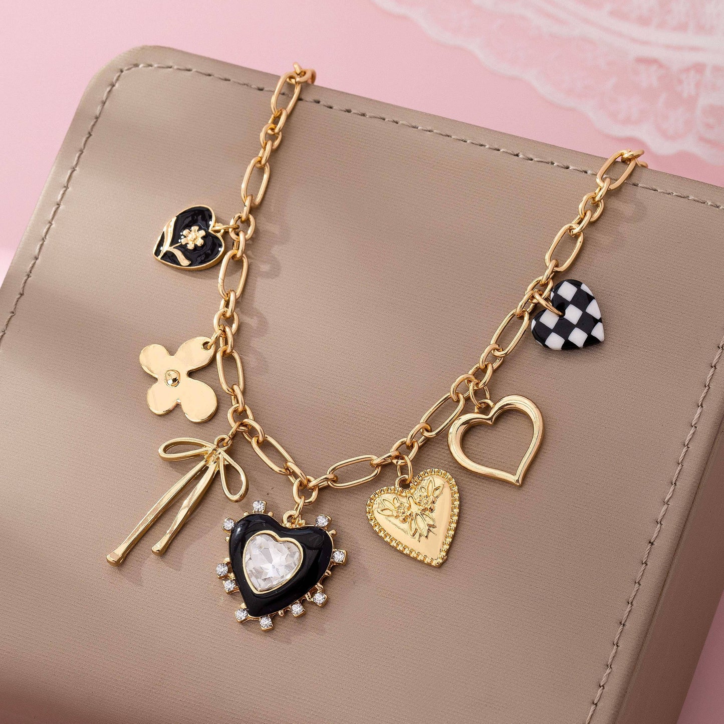 Charm Necklace: Bow Checker Heart Rhinestone