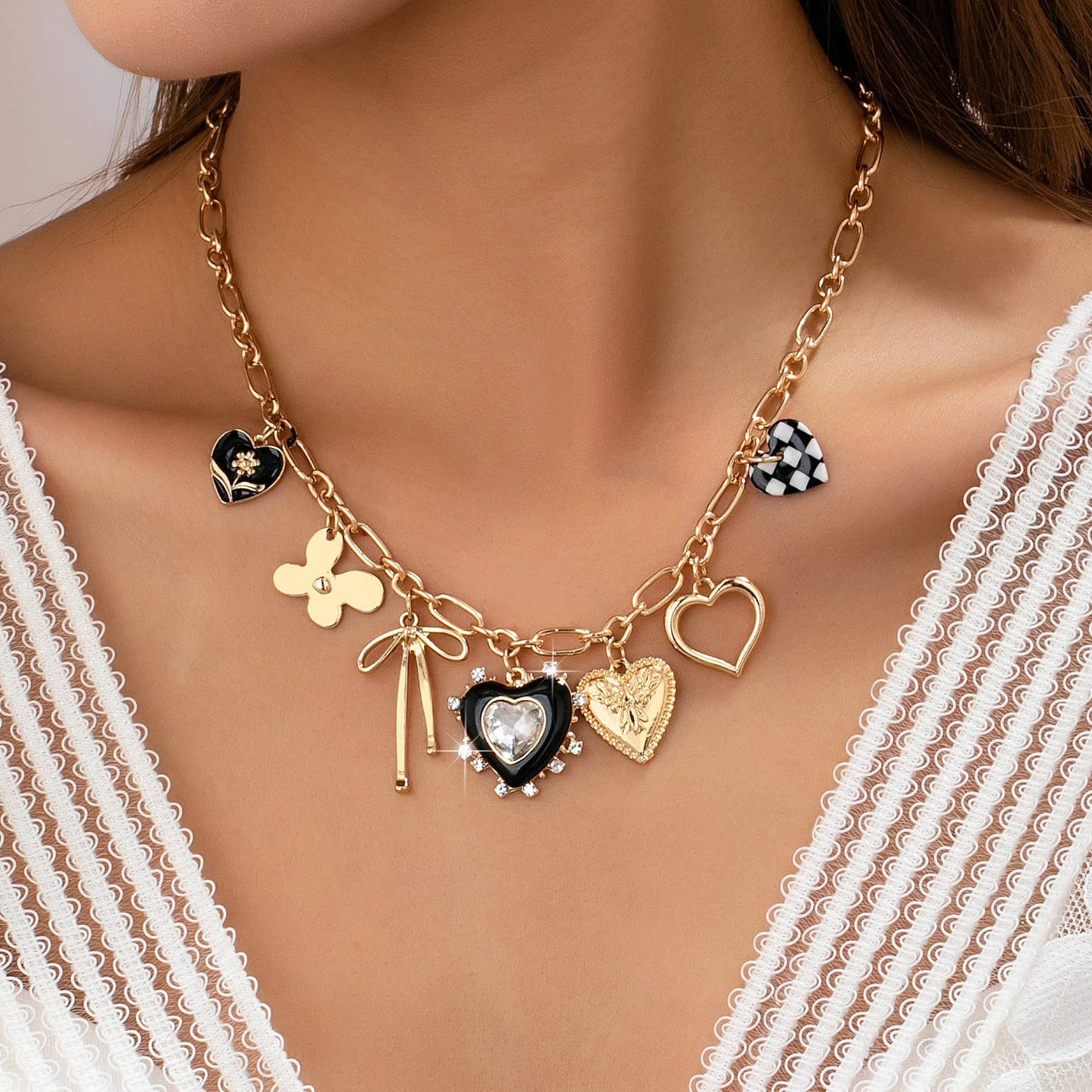 Charm Necklace: Bow Checker Heart Rhinestone