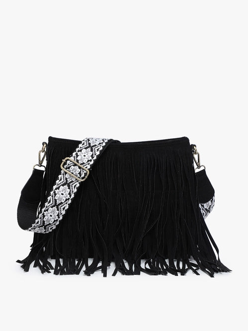 Jen&Co Sadie Suede Fringe Crossbody w/ Guitar Strap- Black