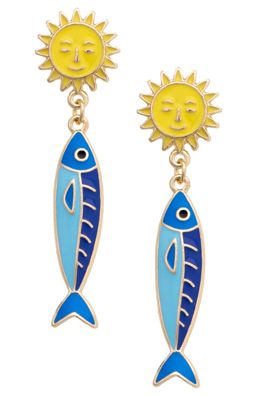 Sardine Enamel Sun Earrings in Blue and Yellow