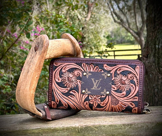 Upcycled LV Hand Tooled Leather Wristlet Wallet Western