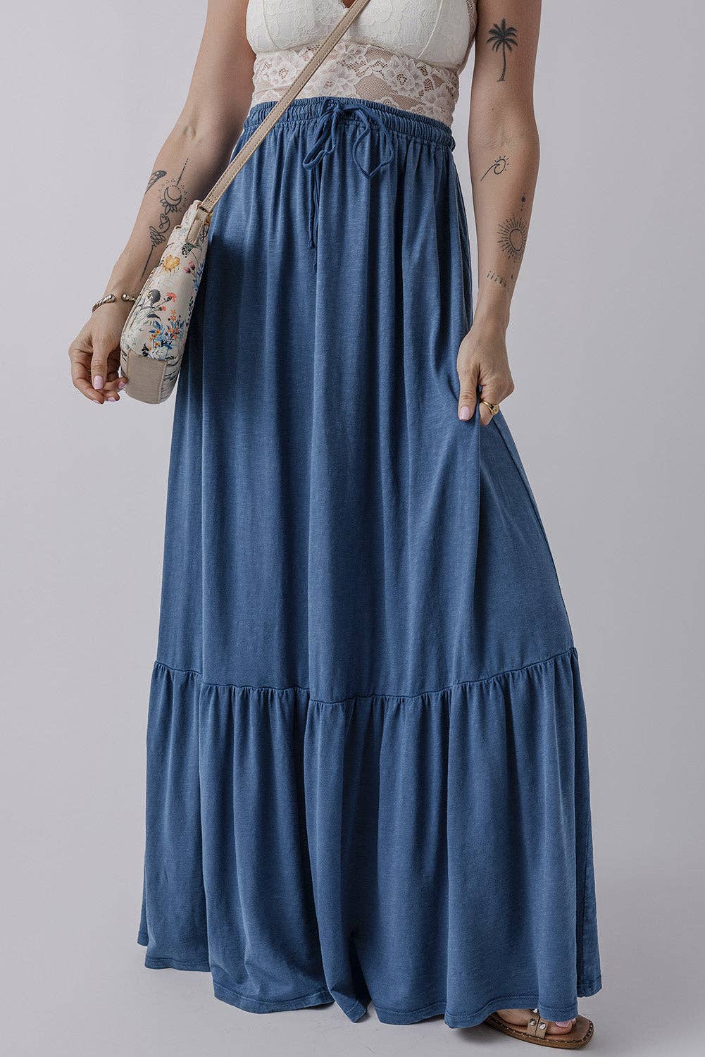 Chambray Tiered Maxi Skirt