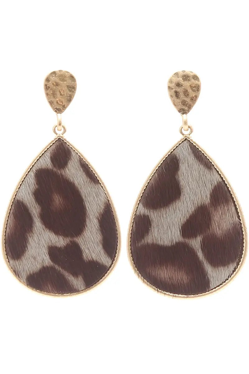 Leopard Teardrop Dangle Post Earrings-Grey