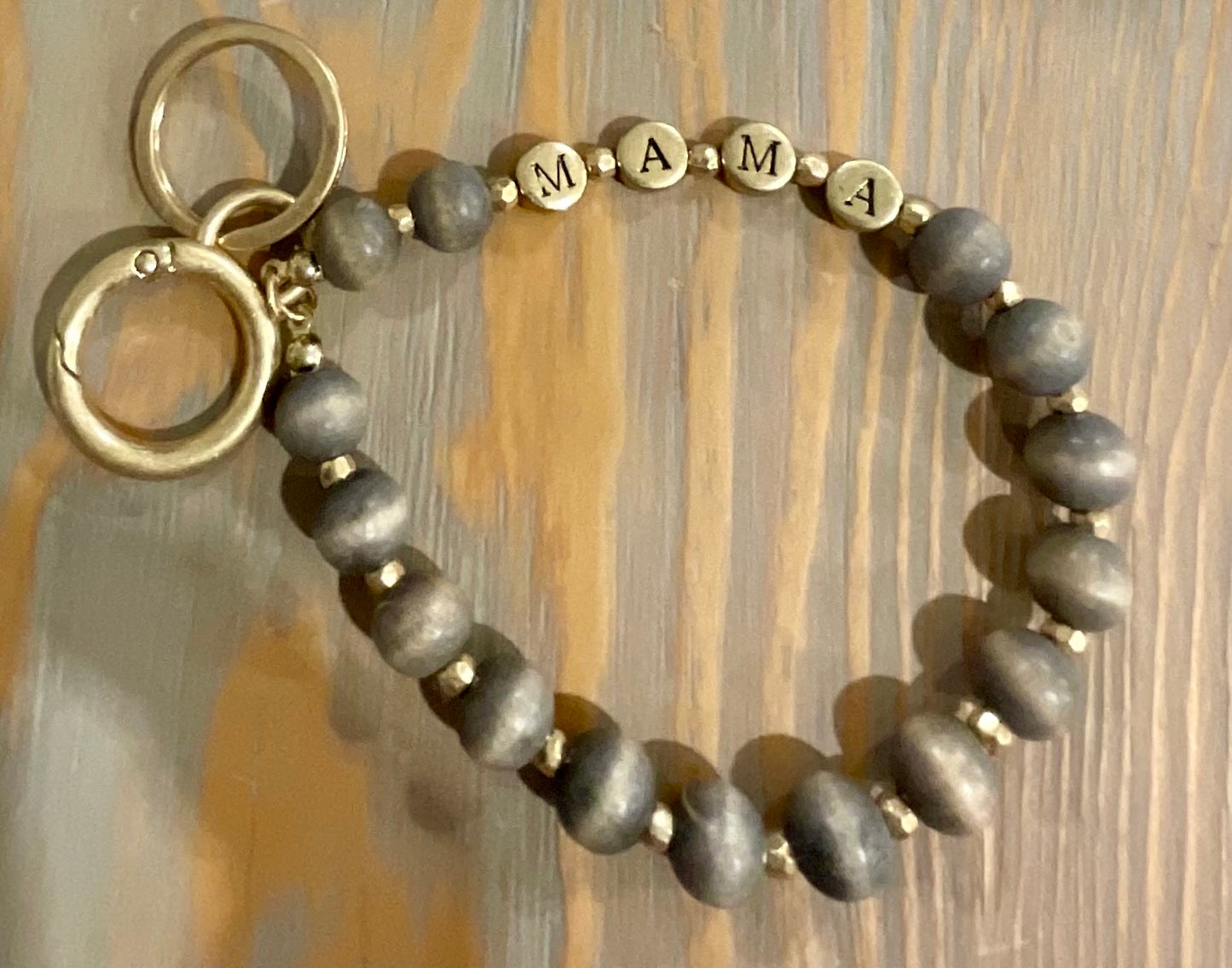 Mama Wood Bead Key Ring Bracelet- Grey