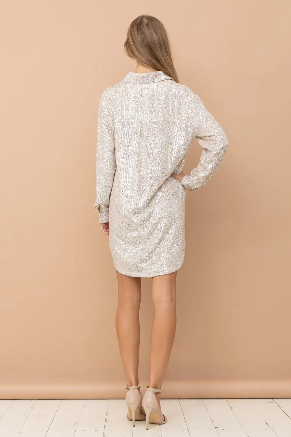 Sequence Button Down Shirt Dress- Champagne