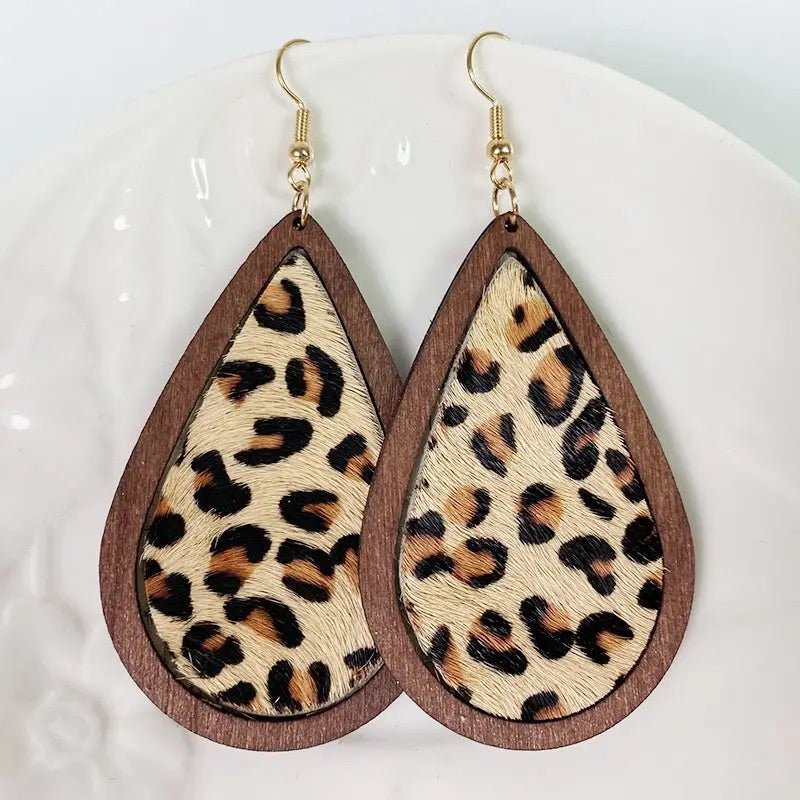 Leopard-Print Wooden Earrings Drop Shape