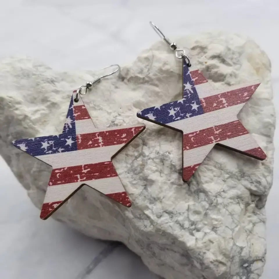 Wood Patriotic Stars Earrings