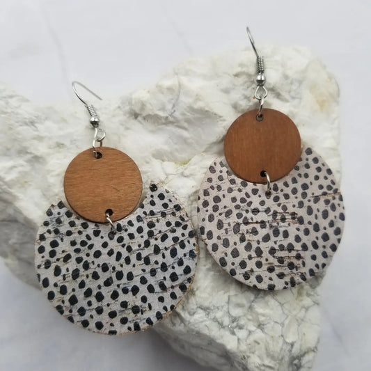 Wood+Leather Black Deco Round Earring