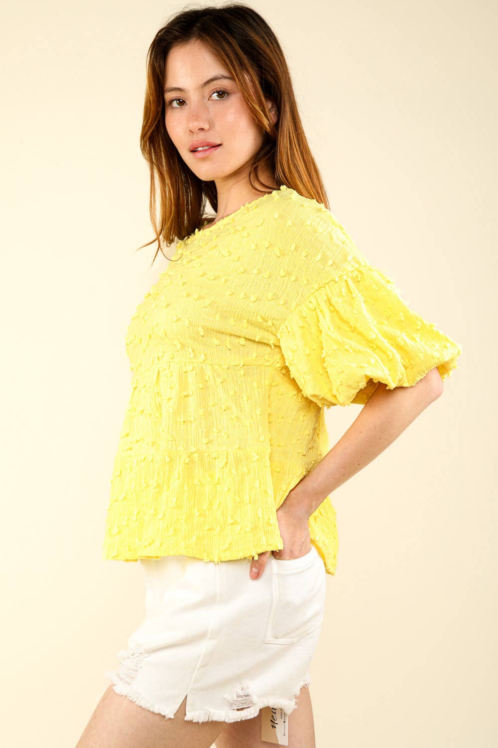 Crinkle Pom Pom Knit Puff Sleeve Babydoll Top