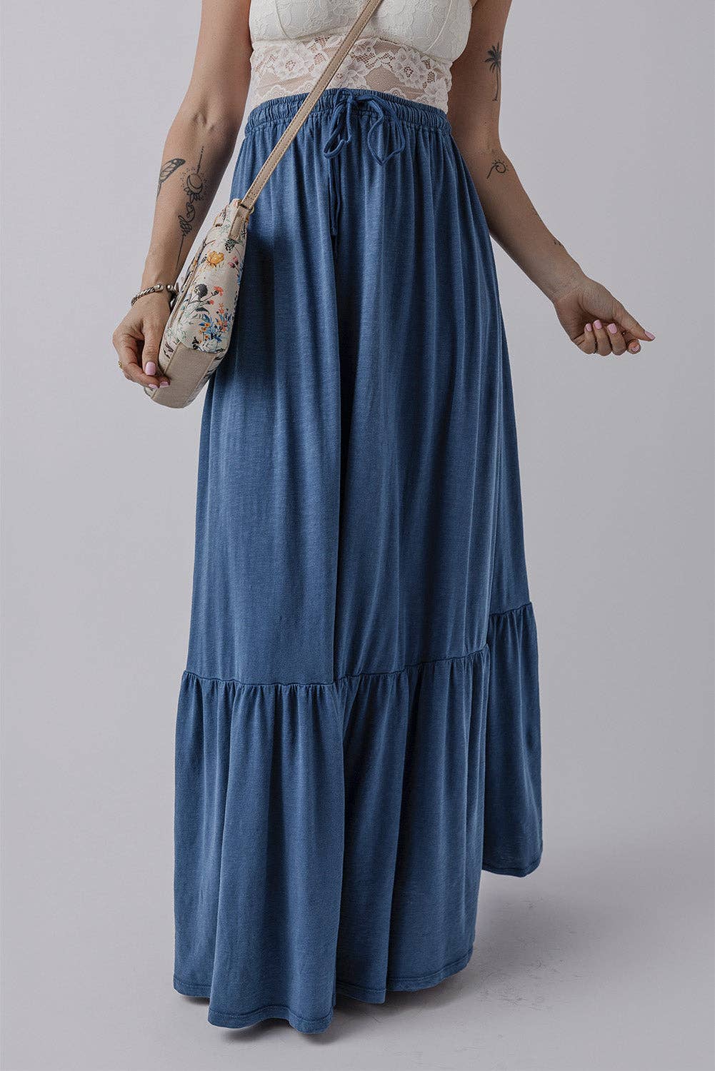 Chambray Tiered Maxi Skirt