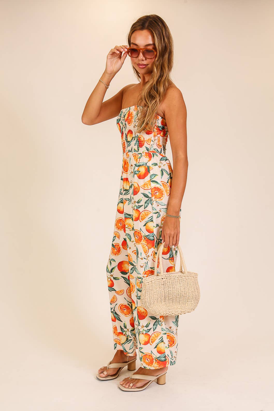 Citrus Print Strapless Wide Leg Jumpsuit