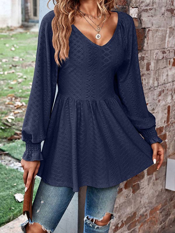 Long Sleeves Elasticity Jacquard Pleated Solid Color V-Neck