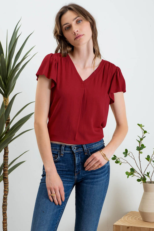 FOLDED V NECK SHORT RUFFLE SLEEVE TOP