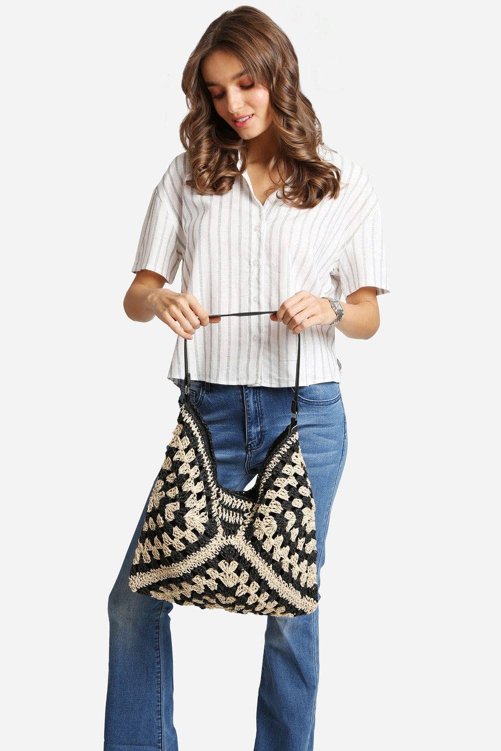 Bianca Patterned Straw Hobo Tote Bag
