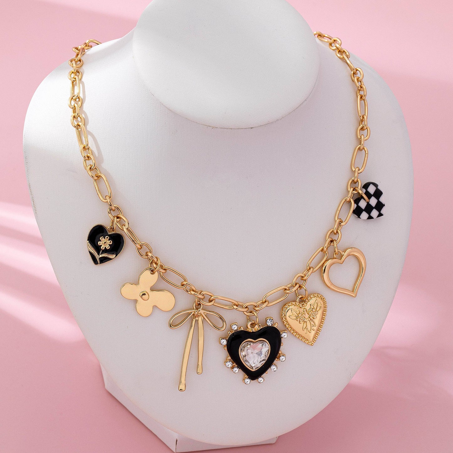 Charm Necklace: Bow Checker Heart Rhinestone