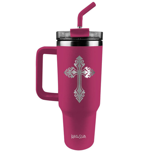 Kerusso 40 oz Stainless Steel Mug With Straw: Filigree Cross