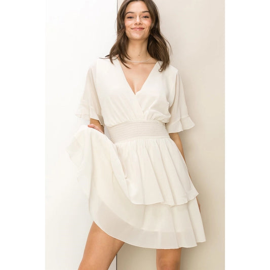 Flirty Days Surplice Mini Dress- Off White
