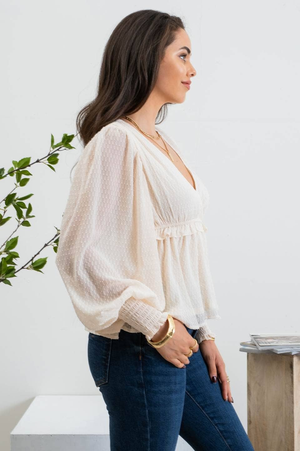 Textured Balloon Sleeve Blouse