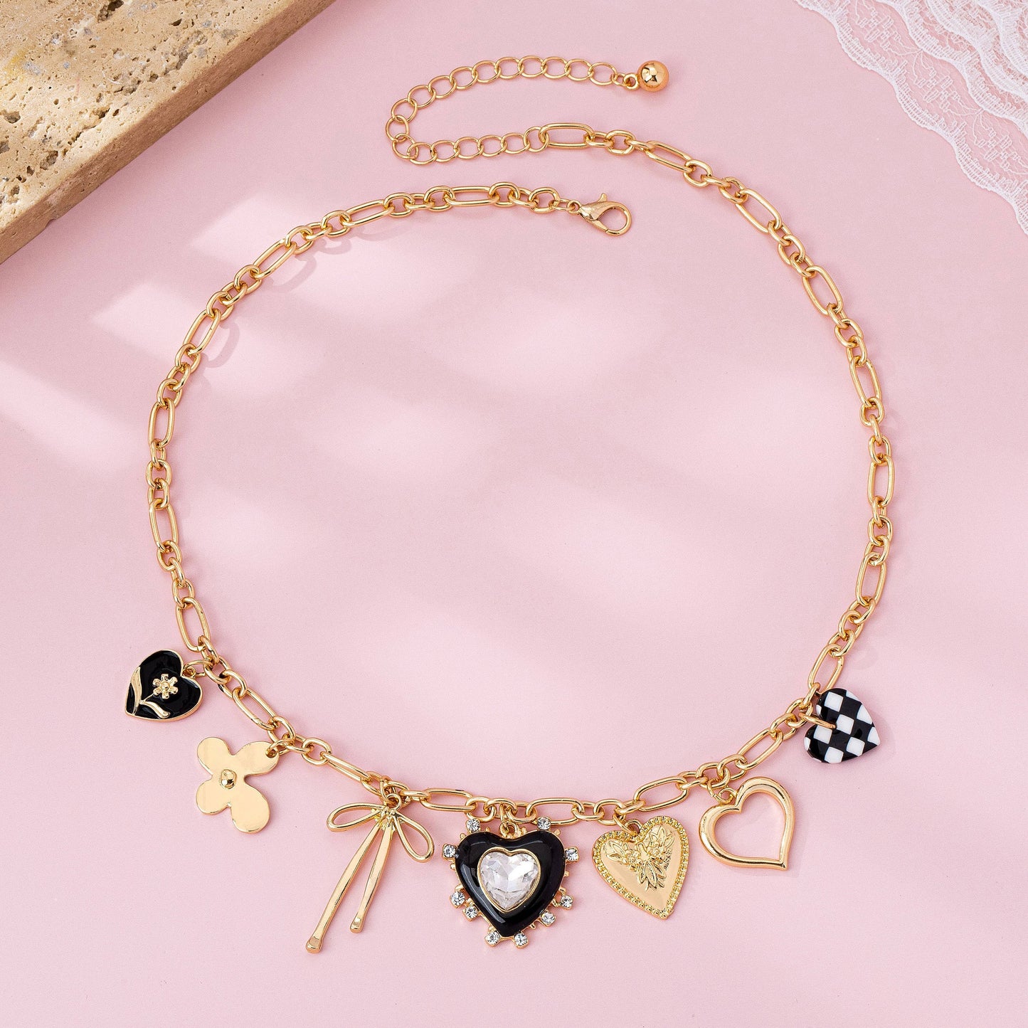 Charm Necklace: Bow Checker Heart Rhinestone
