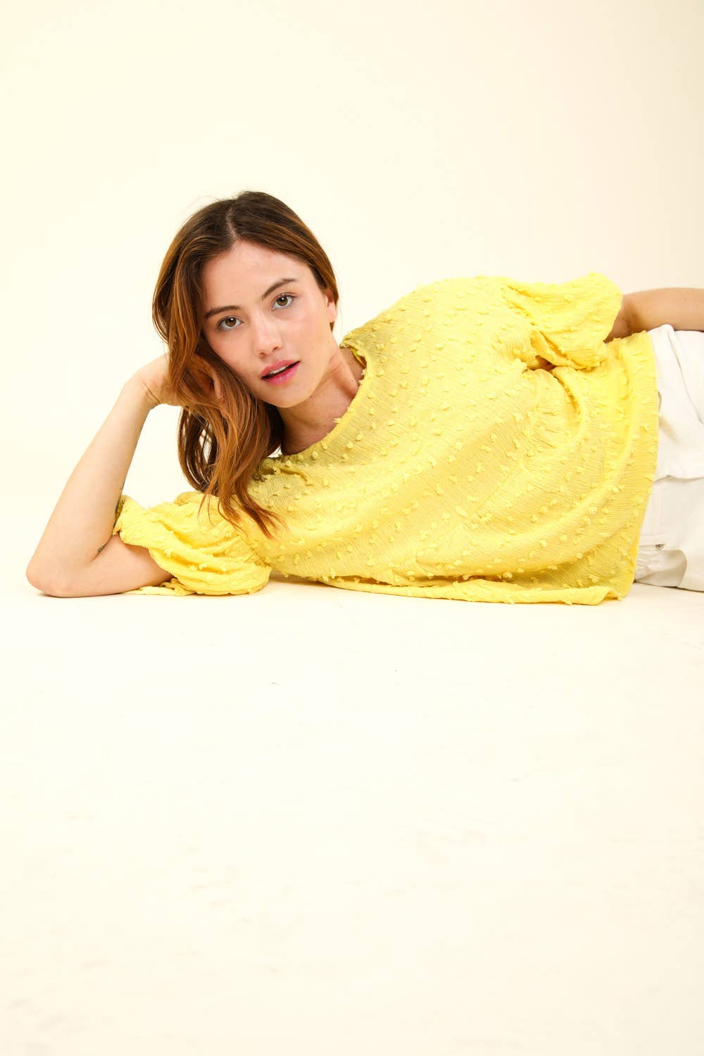 Crinkle Pom Pom Knit Puff Sleeve Babydoll Top
