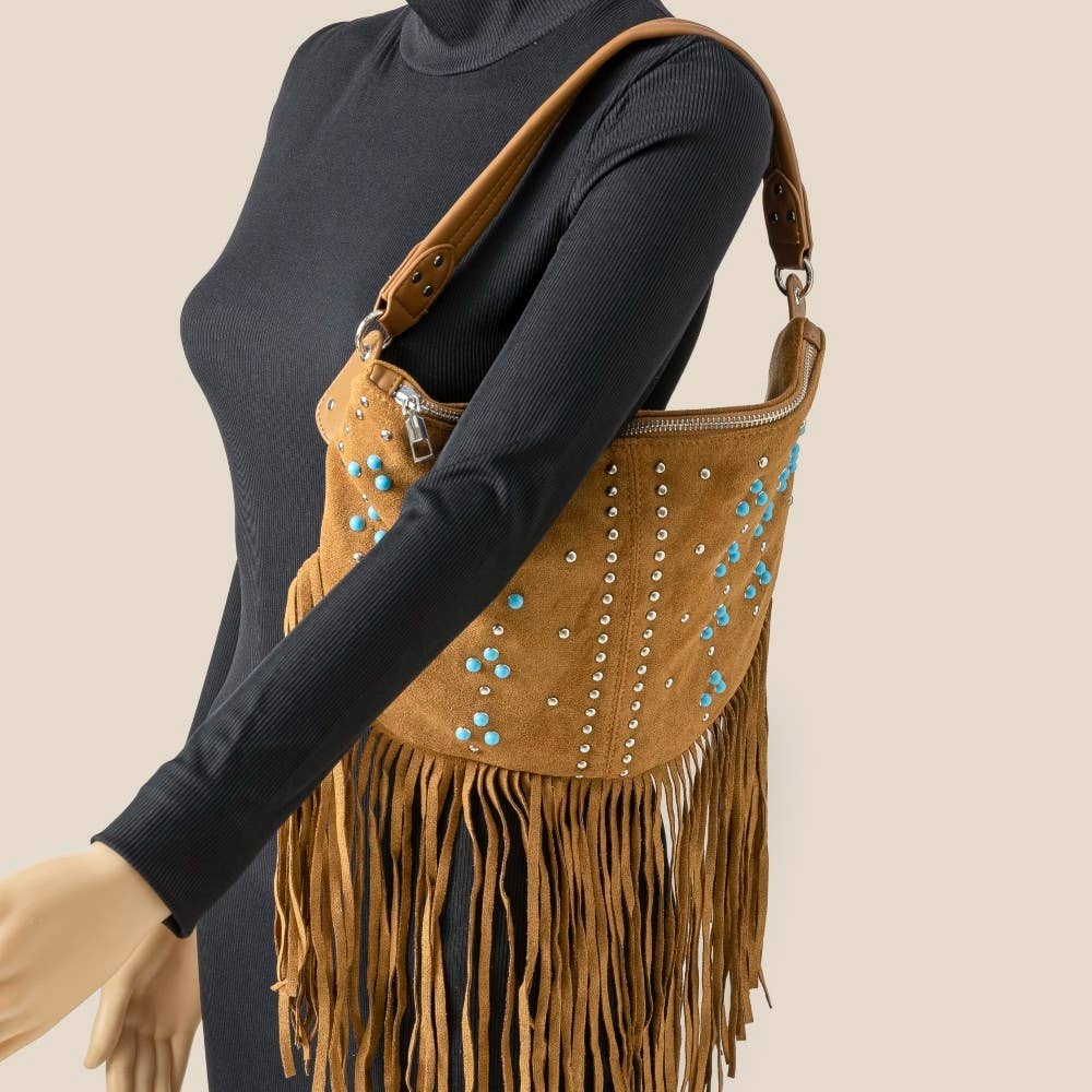 Studded Pattern Multi Fringe Hobo Shoulder Bag