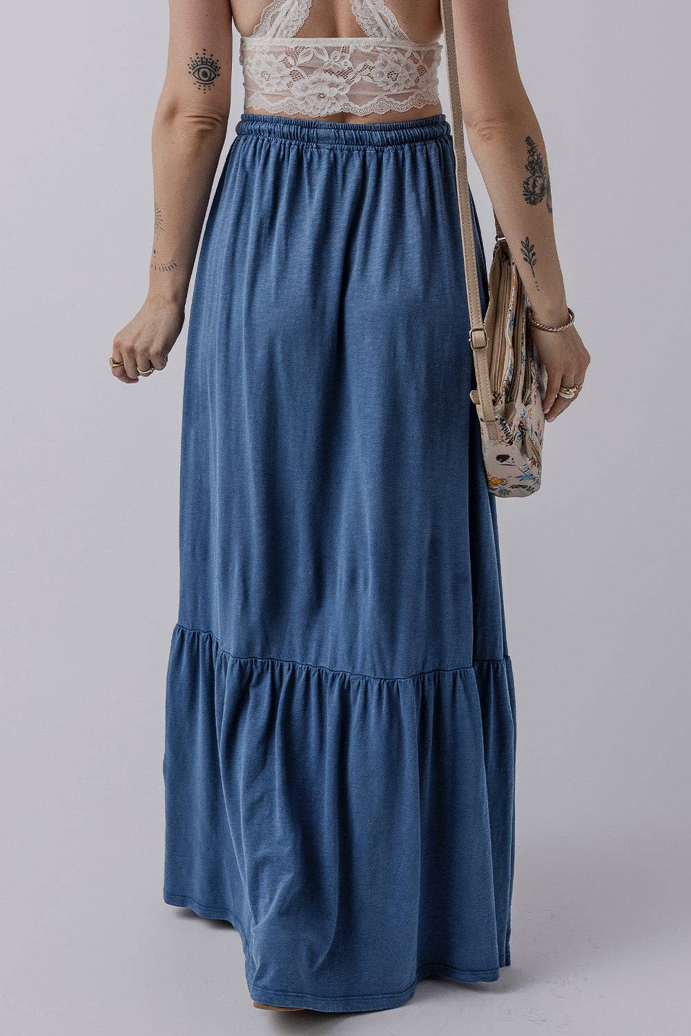 Chambray Tiered Maxi Skirt