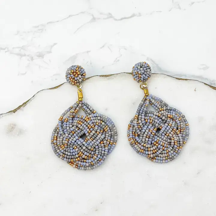 Braided Teardrop Beaded Dangle Earrings: Gray