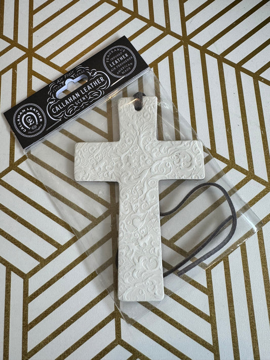 Scroll Cross Callahan Leather Car Freshie-white leather