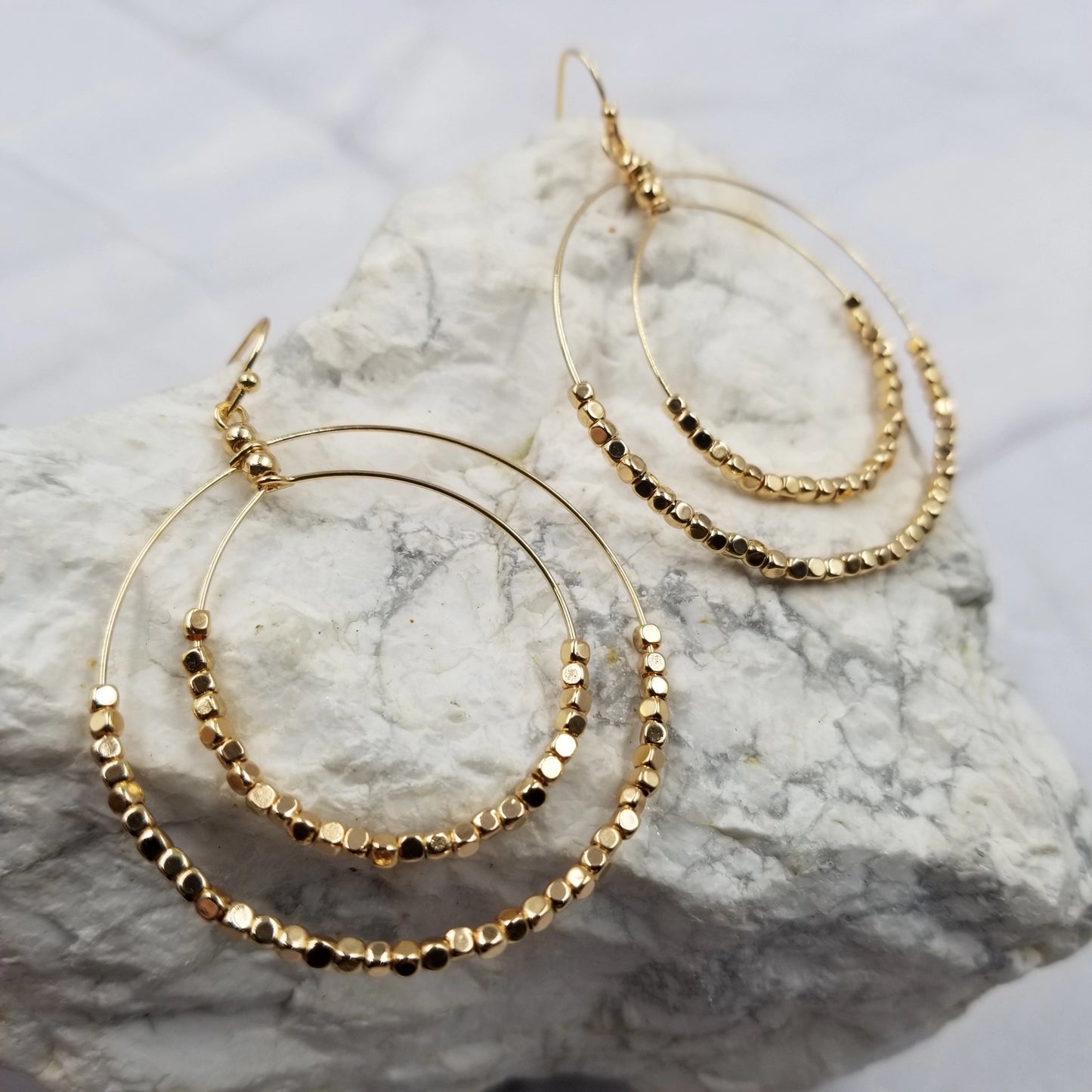 Gold Metal Beaded Double Circle Hoop Earrings