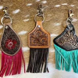 Tooled Fringe Cow Tag Keychain