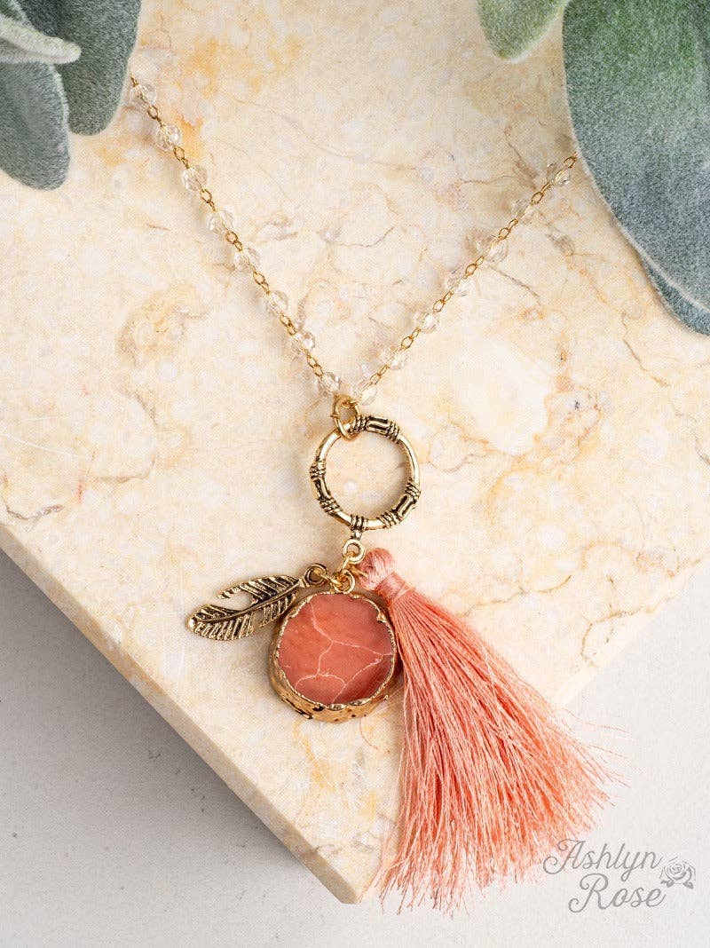 Just Peachy Beaded Necklace with Feather Charm and Peach Stone & Tassel