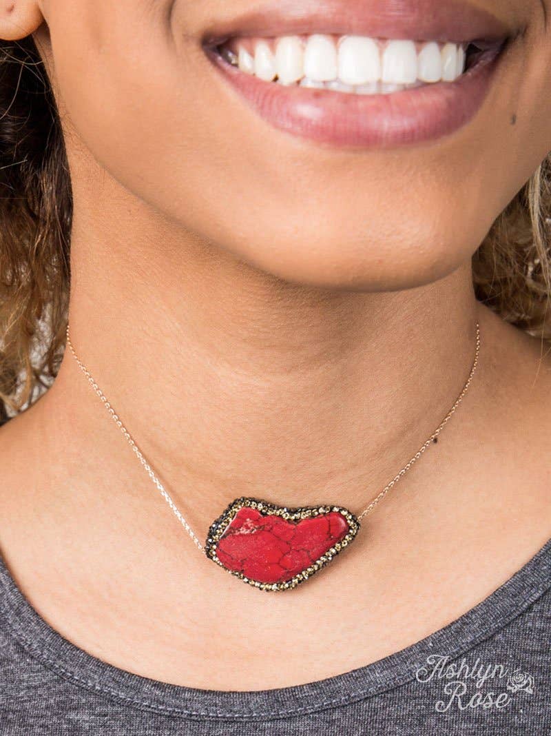 Red Stone Pendant with Honey Crystal Accents on Gold Chain Choker