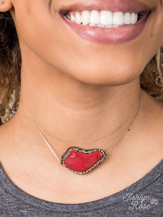 Red Stone Pendant with Honey Crystal Accents on Gold Chain Choker