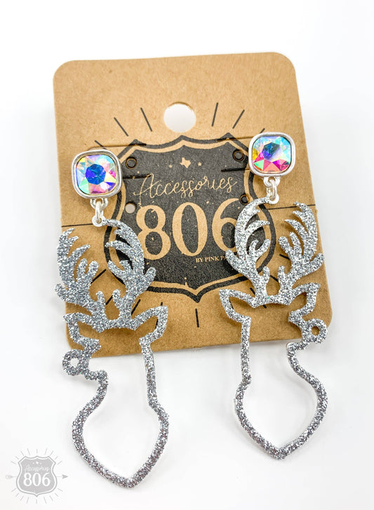 Silver Glitter Reindeer Earrings