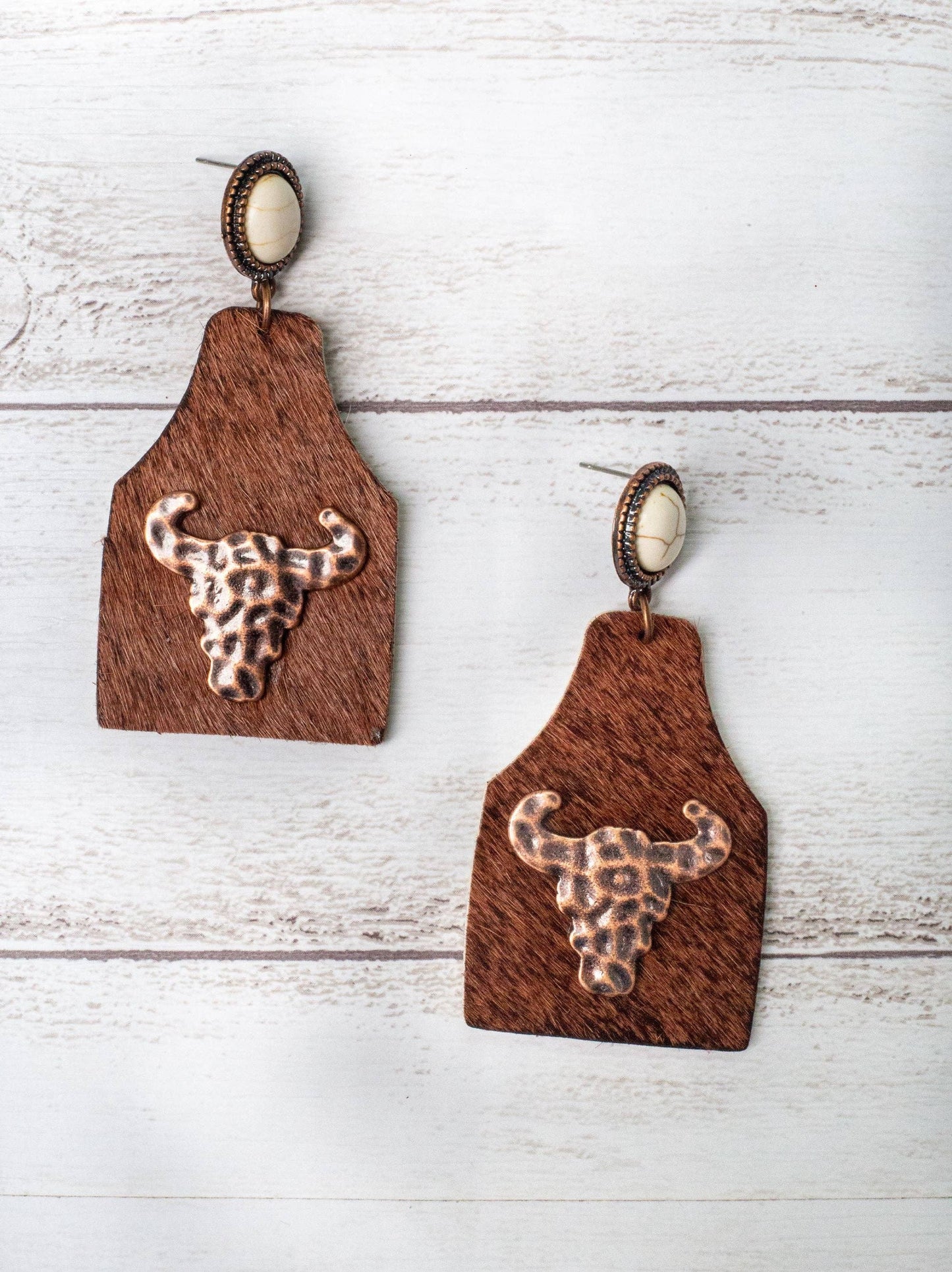 TAKE A NUMBER COWBOY BROWN COWHIDE COPPER COWSKULL STUD EARRINGS