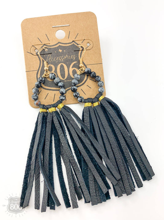 Black Beaded Earrings With Leather Fringe