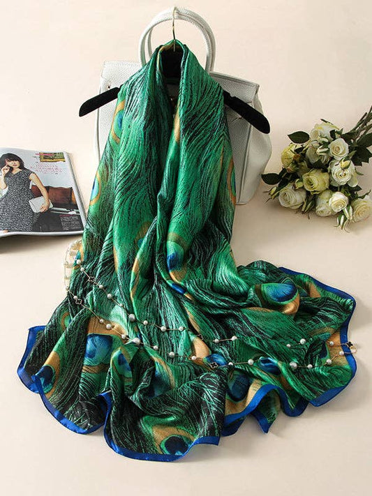 Vintage Peacock Printed Silk Shawl/Scarf