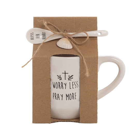 SALE Worry Less Pray More Coffee Mug & Spoon Set