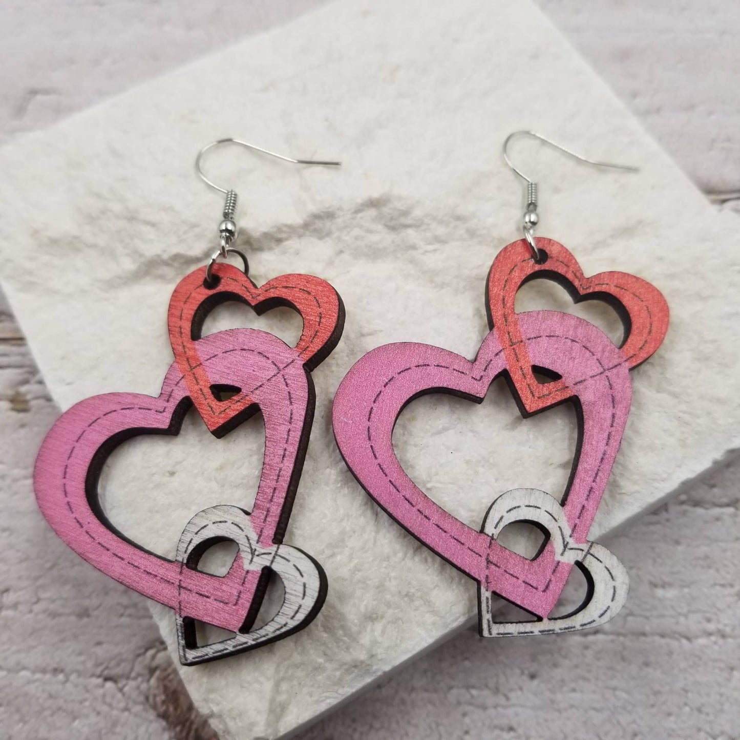 Valentine's Day Pink Heart Wood Earrings
